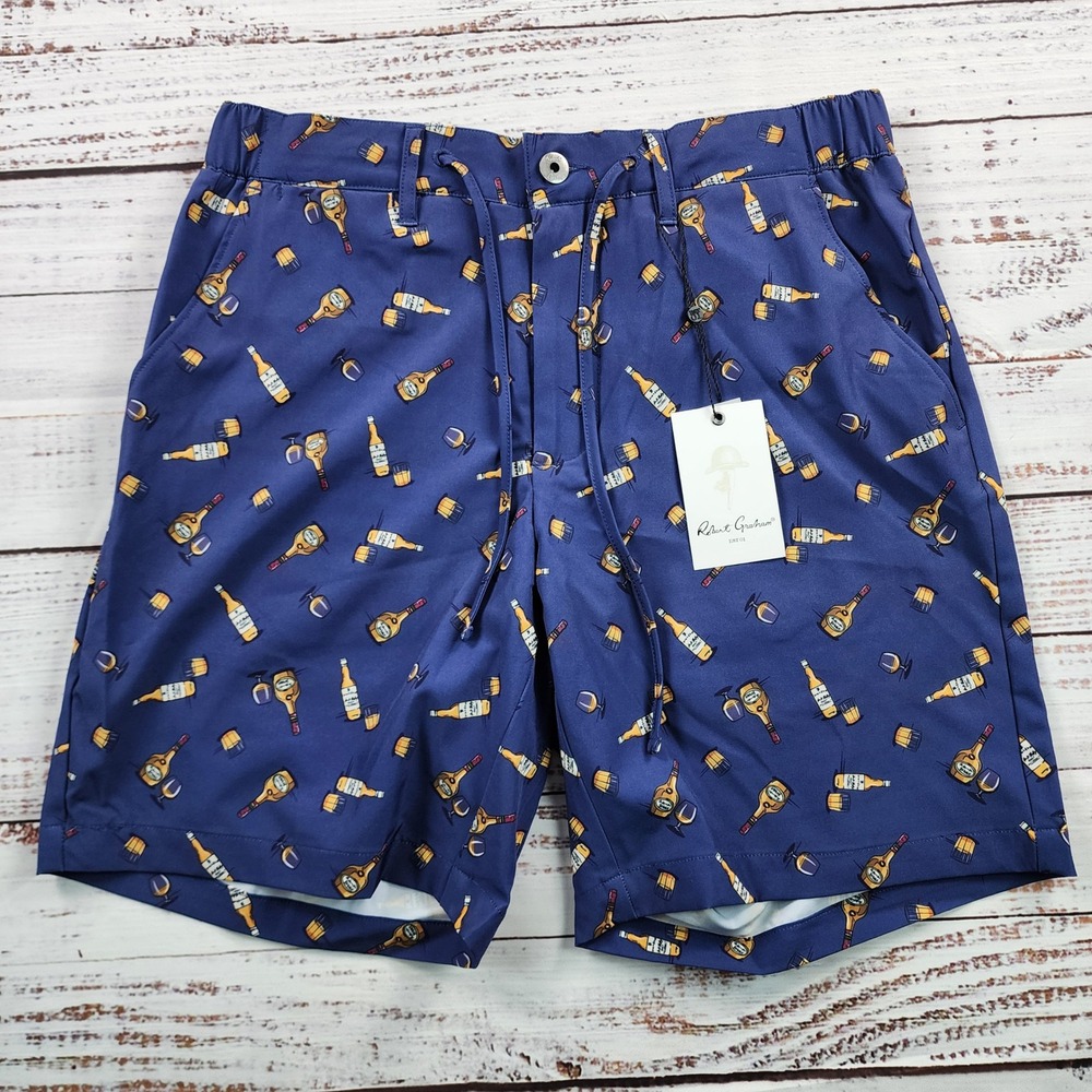 Robert Graham Bardsley Shorts Mens NWT Size 30 Navy Liquor Wine Bottle Graphic
